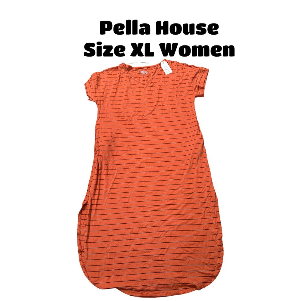 Time and Tru Women's Knit Maxi Dress Short Sleeves Orange Brick Stripe Size XL